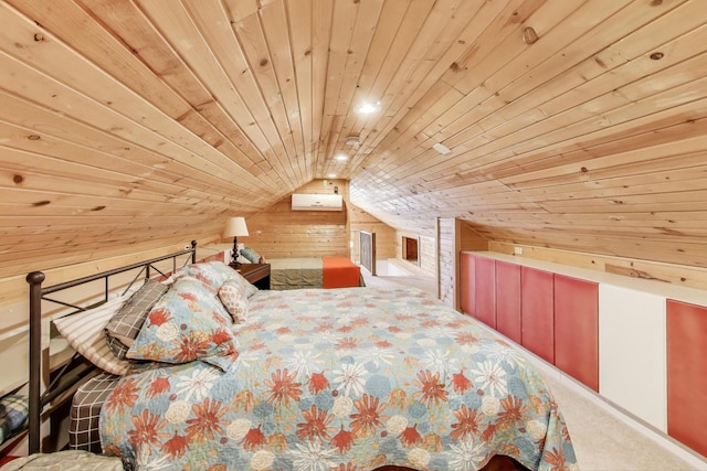 bedroom with wood ceiling, carpet floors, lofted ceiling, and wooden walls