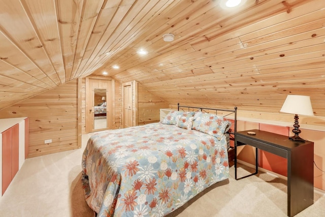 bedroom with wooden ceiling, vaulted ceiling, recessed lighting, carpet, and wooden walls