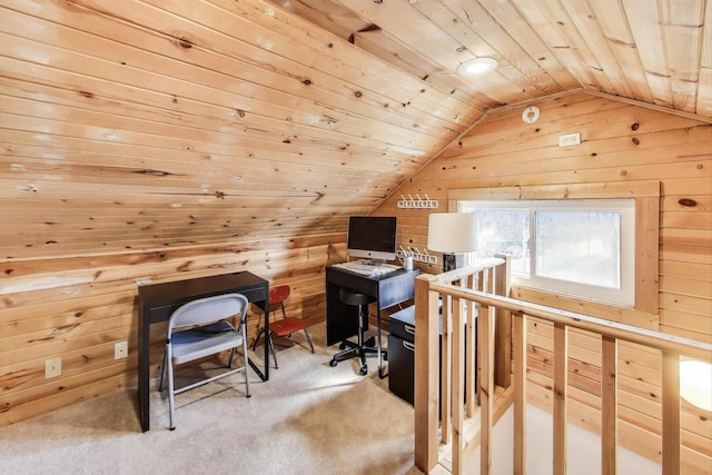 office area featuring wood ceiling, vaulted ceiling, wood walls, and carpet flooring
