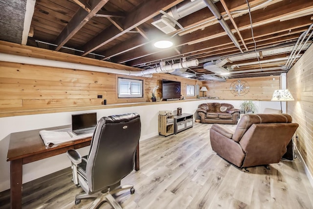 office area featuring visible vents, wood finished floors, and wooden walls