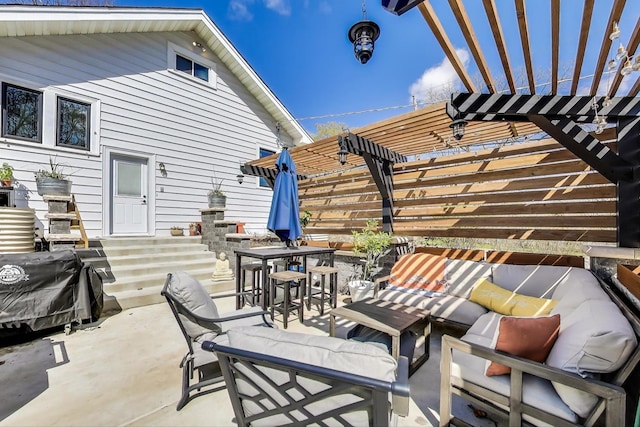 view of patio / terrace with a pergola, outdoor lounge area, and outdoor dining area