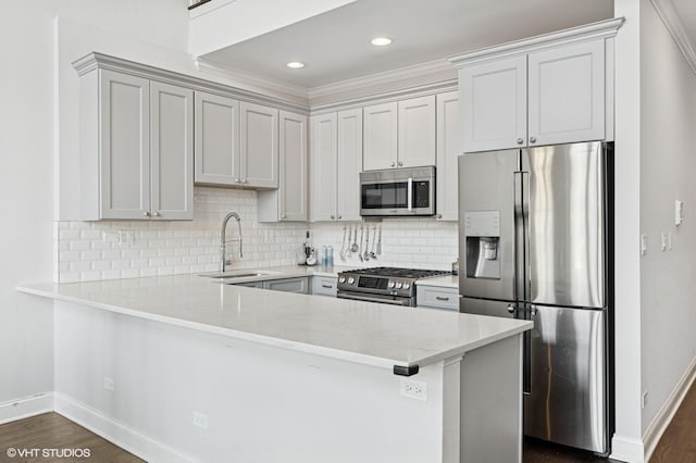 29 N Morgan St Unit Ph, Chicago, IL 60607 - kitchen with appliances with stainless steel finishes, a sink, baseboards, a peninsula, and dark wood-style flooring