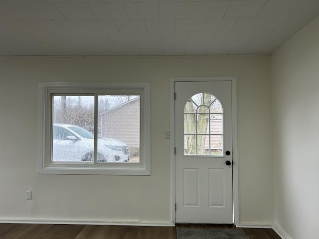 doorway to outside with plenty of natural light and dark wood-style flooring