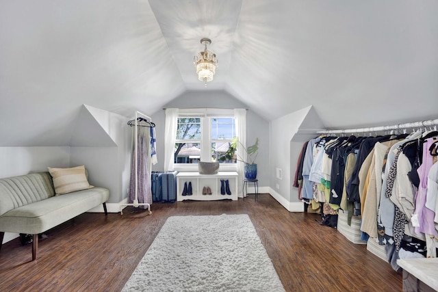 walk in closet with lofted ceiling and wood finished floors