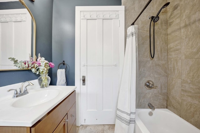 full bathroom with shower / bath combination with curtain and vanity