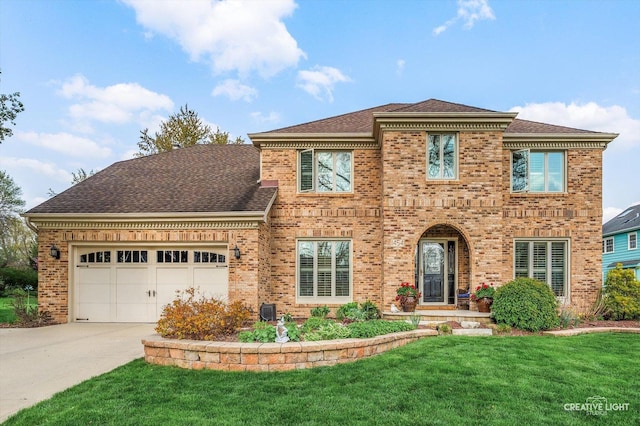 1454 Rill Ct, Naperville, IL 60565 - view of front of home featuring a shingled roof, an attached garage, brick siding, a front yard, and concrete driveway