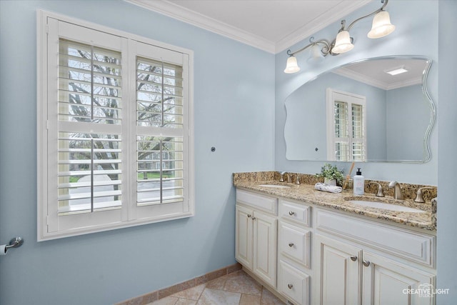 1454 Rill Ct, Naperville, IL 60565 - full bath with crown molding, double vanity, baseboards, and a sink