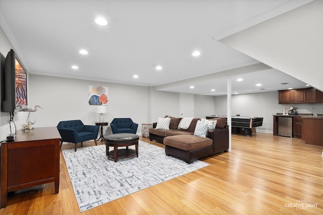 1454 Rill Ct, Naperville, IL 60565 - living room featuring crown molding, recessed lighting, indoor wet bar, and light wood finished floors