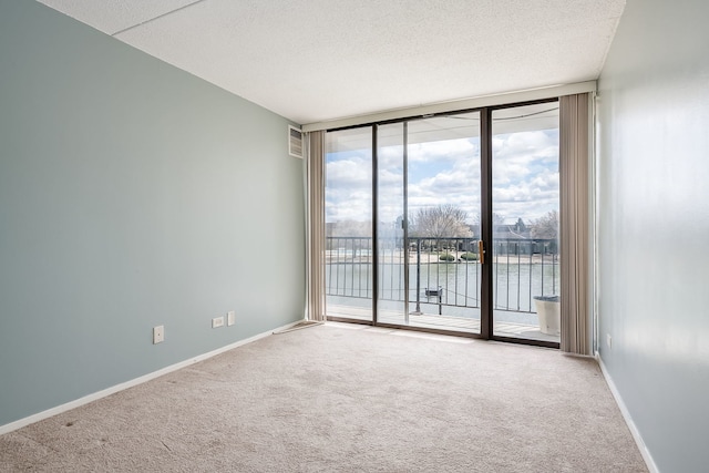 carpeted empty room with a wall of windows, baseboards, a textured ceiling, and a water view