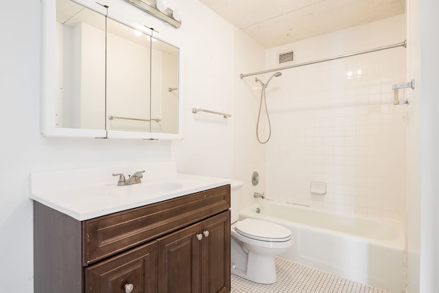 full bathroom with tile patterned floors, toilet, shower / bathtub combination, visible vents, and vanity