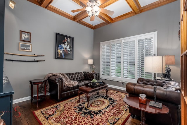 living room featuring wood finished floors, ceiling fan, beamed ceiling, baseboards, and coffered ceiling