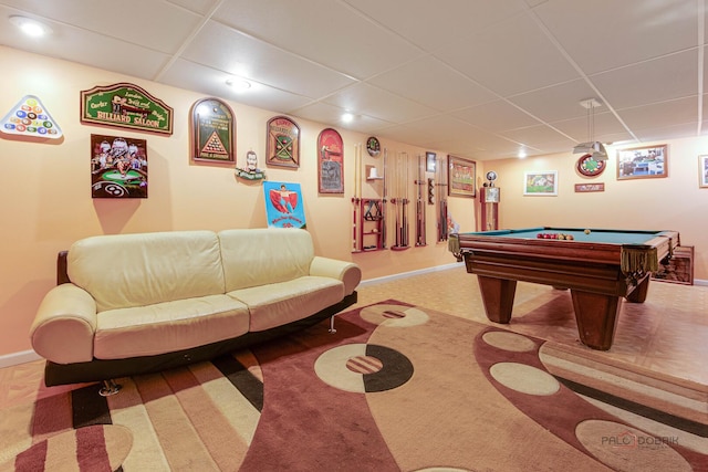 1338 E Best Dr, Arlington Heights, IL 60004 - game room featuring billiards, a paneled ceiling, carpet flooring, and baseboards