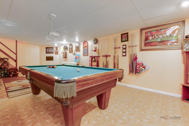 1338 E Best Dr, Arlington Heights, IL 60004 - rec room featuring a paneled ceiling, billiards, baseboards, and light floors
