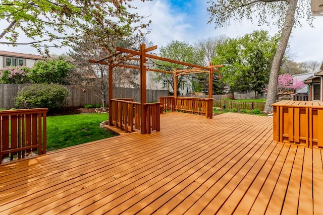 wooden terrace featuring a lawn and a fenced backyard