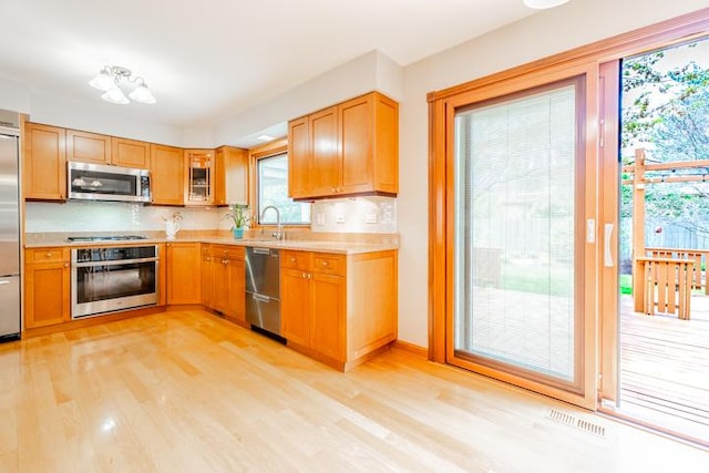 kitchen with light countertops, appliances with stainless steel finishes, a wealth of natural light, and light wood finished floors