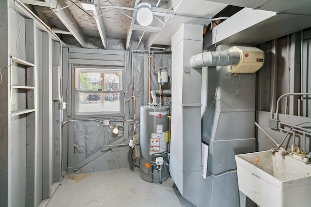 utility room with gas water heater and a sink
