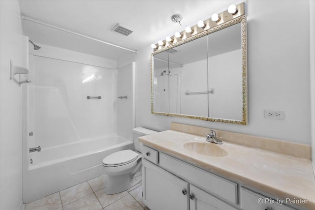 full bathroom featuring vanity, toilet, tile patterned flooring, visible vents, and bathing tub / shower combination