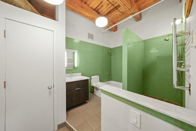 bathroom with tile patterned flooring, visible vents, toilet, wooden ceiling, and tile walls