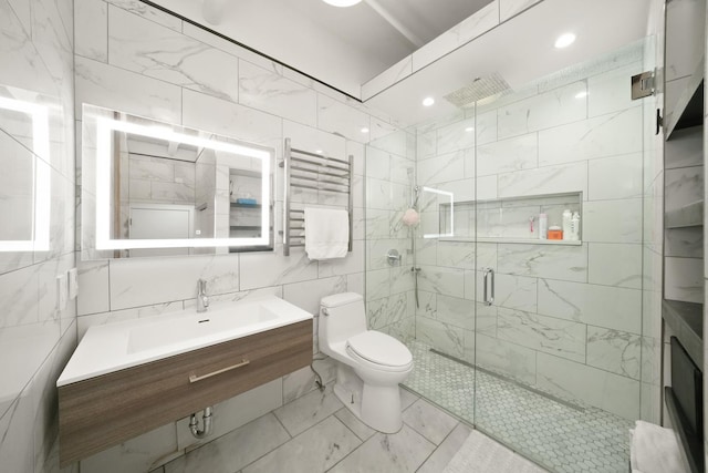 full bathroom featuring a sink, a stall shower, tile walls, radiator, and toilet