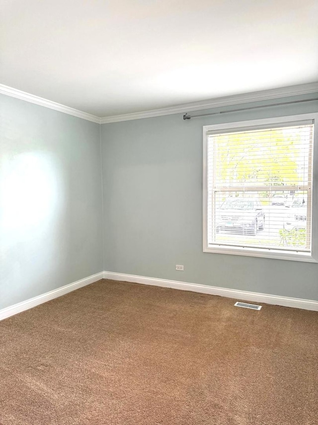 carpeted empty room featuring crown molding and baseboards