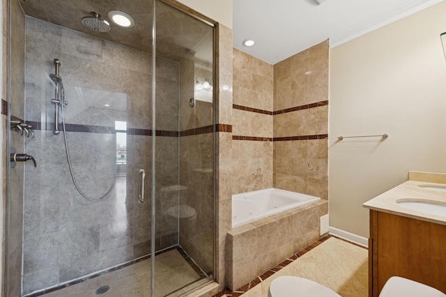 full bathroom featuring a bath, toilet, and a stall shower
