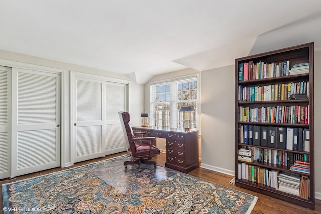 910 Lane, Lorraine, Lake Forest, IL 60045 - home office featuring vaulted ceiling, wood finished floors, and baseboards