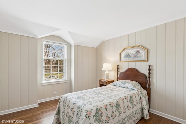 910 Lane, Lorraine, Lake Forest, IL 60045 - bedroom featuring lofted ceiling, baseboards, and dark wood-style flooring