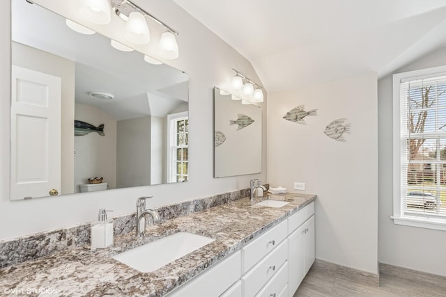 910 Lane, Lorraine, Lake Forest, IL 60045 - full bathroom featuring lofted ceiling, wood finished floors, a sink, and double vanity