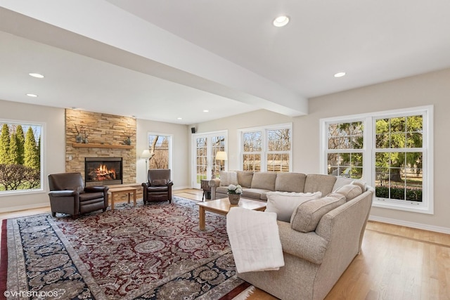 910 Lane, Lorraine, Lake Forest, IL 60045 - living area featuring recessed lighting, a fireplace, baseboards, and light wood-style flooring