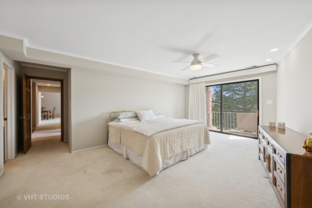 bedroom with crown molding, ceiling fan, access to exterior, and light colored carpet