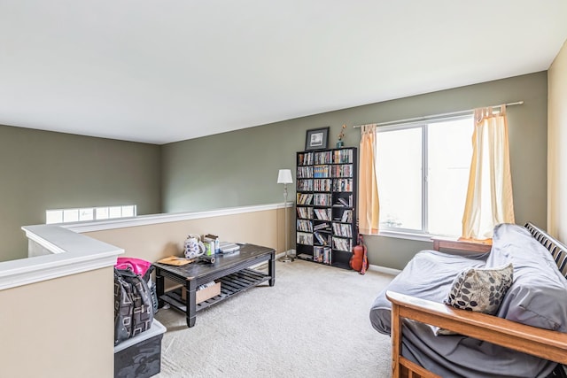 living area featuring baseboards and carpet flooring