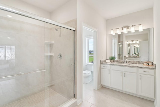 full bathroom featuring a shower stall, a healthy amount of sunlight, and toilet