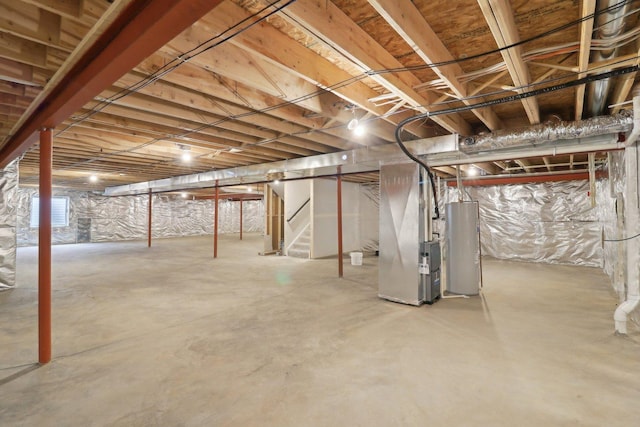 unfinished basement featuring stairway, gas water heater, and heating unit