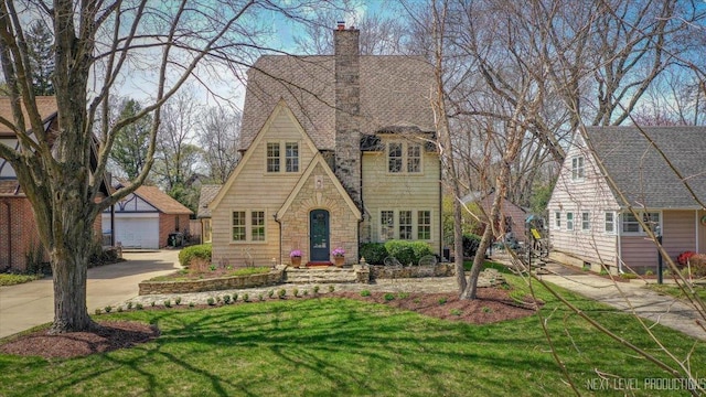 349 N Lincoln St, Batavia, IL 60510 - tudor house featuring a front lawn, driveway, stone siding, a chimney, and an outdoor structure