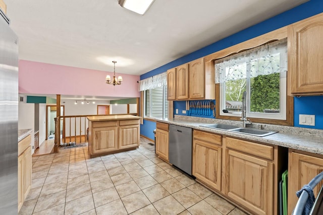 kitchen with dishwasher, a sink, light countertops, a notable chandelier, and light brown cabinets