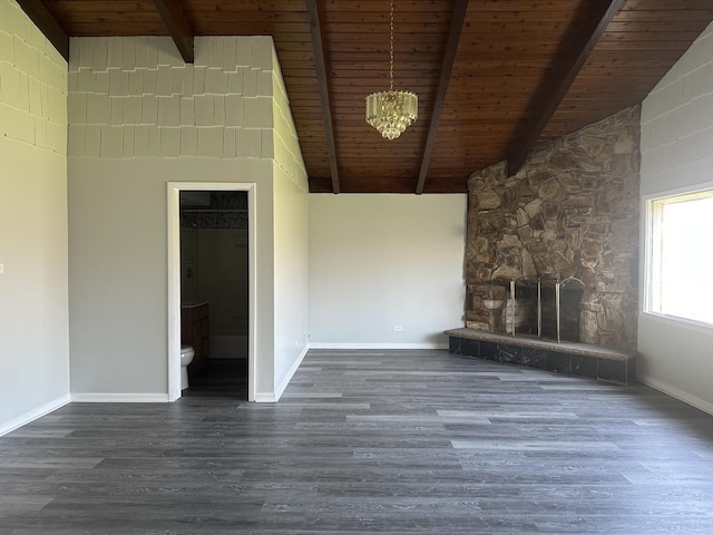 1525 Gordon Ave, Calumet City, IL 60409 - unfurnished living room with wood ceiling, a stone fireplace, and wood finished floors