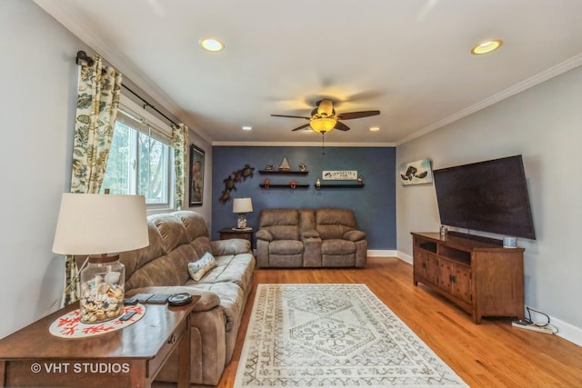 2107 Lawson Blvd, Gurnee, IL 60031 - living room with recessed lighting, a ceiling fan, wood finished floors, and ornamental molding