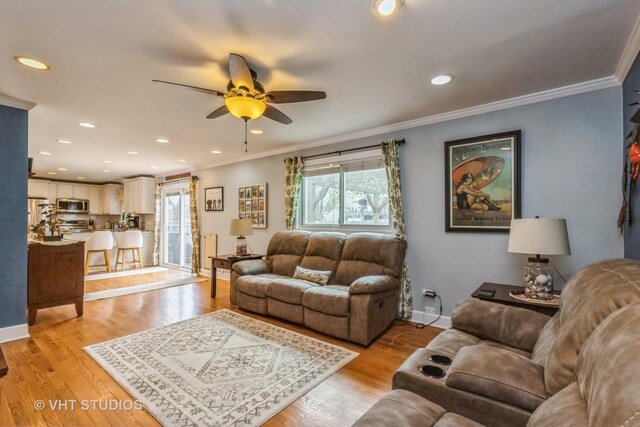 2107 Lawson Blvd, Gurnee, IL 60031 - living room with crown molding, baseboards, a ceiling fan, and recessed lighting