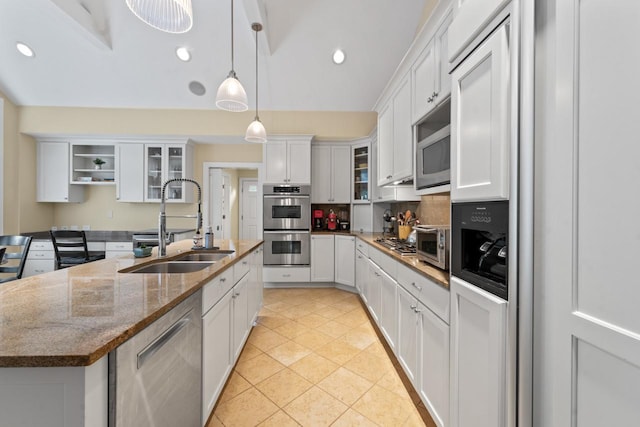 860 Kenton Rd, Deerfield, IL 60015 - kitchen featuring stainless steel appliances, backsplash, white cabinets, glass insert cabinets, and recessed lighting