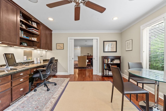 860 Kenton Rd, Deerfield, IL 60015 - office area featuring dark wood-style floors, ceiling fan, crown molding, built in desk, and recessed lighting
