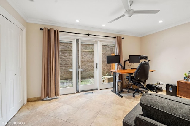 office area with ceiling fan, recessed lighting, crown molding, and light tile patterned floors