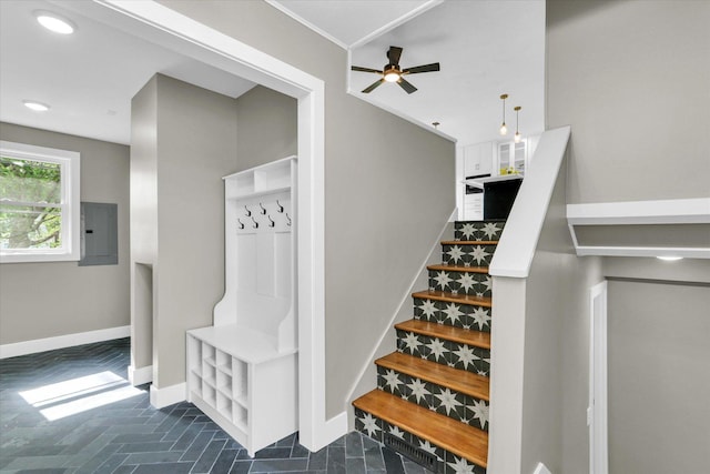 1801 Cindy Lynn St, Urbana, IL 61802 - stairway featuring baseboards, electric panel, a ceiling fan, and recessed lighting