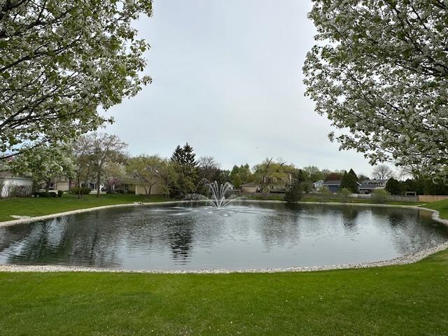 view of home's community with a lawn and a water view