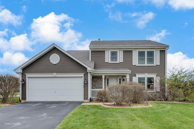 traditional home featuring a front lawn, driveway, and a garage
