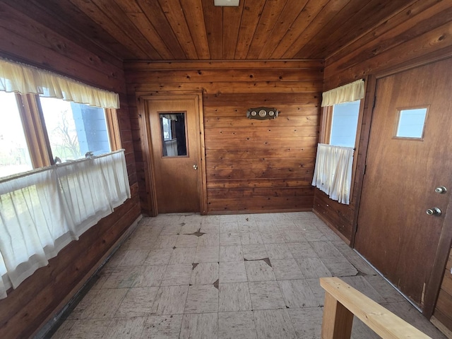 interior space featuring wooden walls, a healthy amount of sunlight, and wooden ceiling