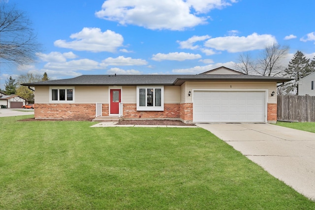 single story home featuring brick siding, driveway, a garage, and fence