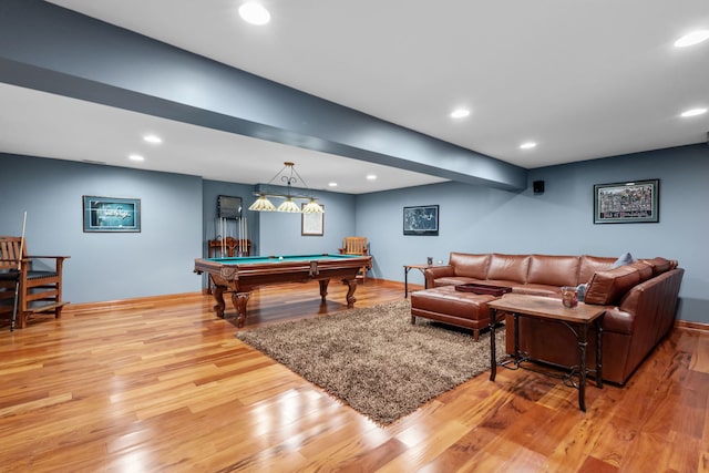 game room featuring light wood finished floors, billiards, and recessed lighting