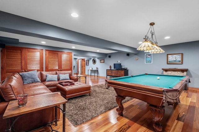 rec room with wood finished floors, recessed lighting, billiards, and baseboards