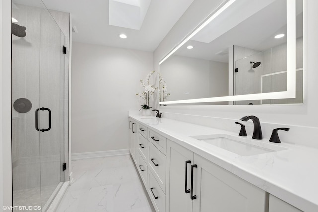 87 Windmill Rd, Orland Park, IL 60467 - full bath with a skylight, marble look tile flooring, double vanity, a shower stall, and recessed lighting