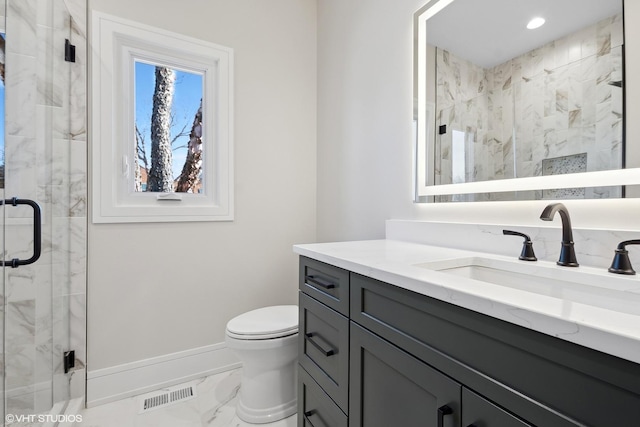 87 Windmill Rd, Orland Park, IL 60467 - full bathroom with marble finish flooring, vanity, toilet, a marble finish shower, and baseboards